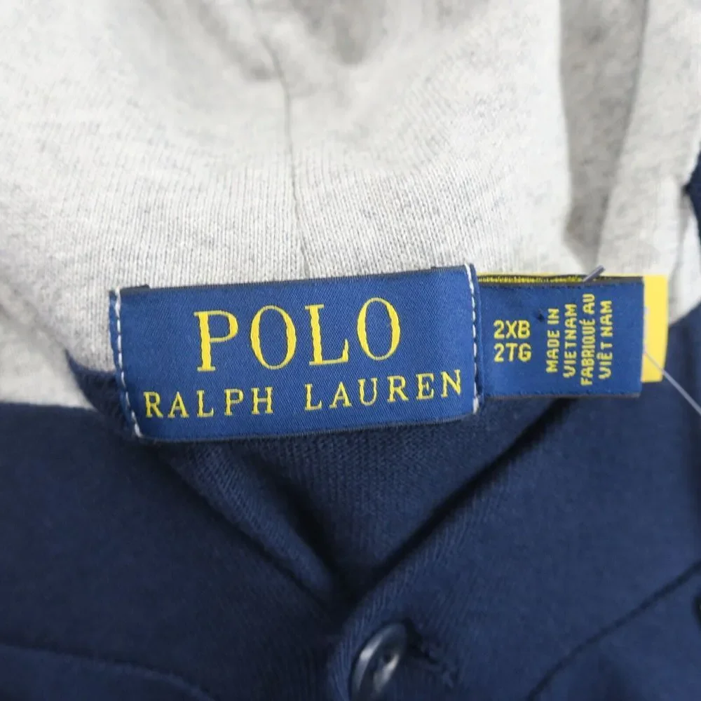 Ralph Lauren Polo Sweatshirt Mens 2XB Blue Hooded Baseball Jersey Shirt Spellout